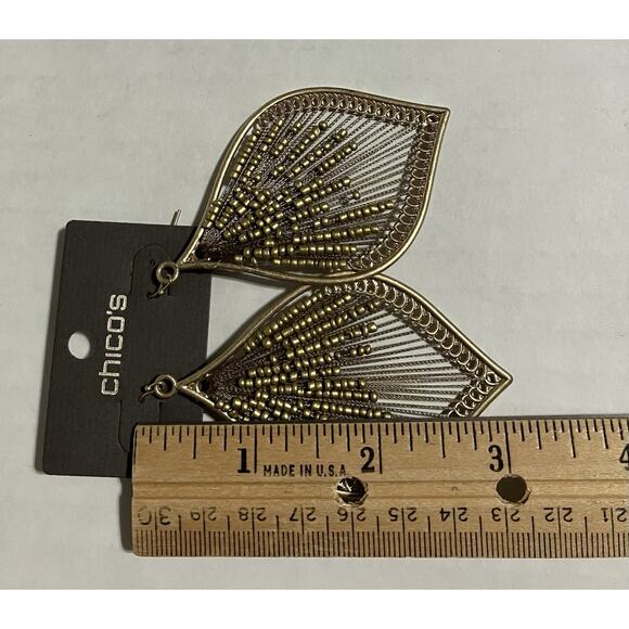 Chicos Statement Pierced Earrings Gold Tone Beaded String Art Metal Frame 3” NWT - Picture 3 of 3